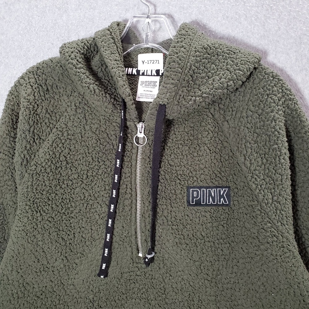 Pink Victorias Secret Men Sweatshirt Medium Olive Sherpa Hoodie 1/4 Zip Logo - Picture 9 of 9